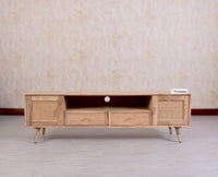 Boston Solid Wood Rattan Cane Tv Cabinet with Two Doors and Two Drawers - Tv Cabinet - Furniselan - Natural-Finish