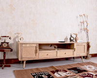 Boston Solid Wood Rattan Cane Tv Cabinet with Two Doors and Two Drawers - Tv Cabinet - Furniselan - Natural-Finish
