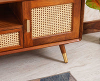 Boston Solid Wood Rattan Cane Tv Cabinet with Two Doors and Two Drawers - Tv Cabinet - Furniselan-Brown-Finish