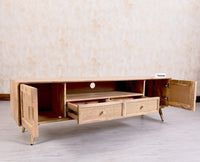 Boston Solid Wood Rattan Cane Tv Cabinet with Two Doors and Two Drawers - Tv Cabinet - Furniselan - Natural-Finish