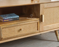 Boston Solid Wood Rattan Cane Tv Cabinet with Two Doors and Two Drawers Furniselan Natural Finish