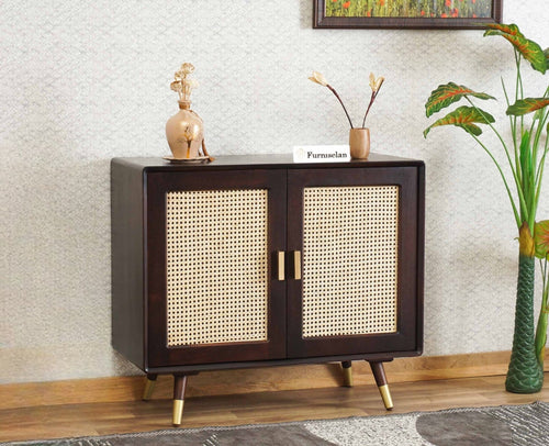 Boston Solid Wood Rattan Cane Two Door Sideboard Cabinet Furniselan Grey-Finish