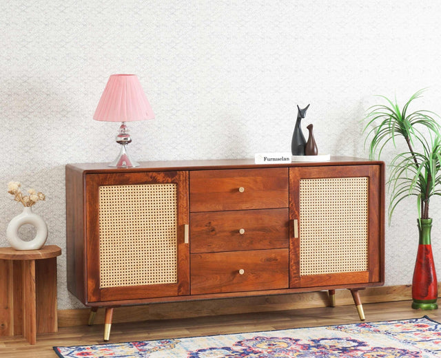 Boston Solid Wood Rattan Cane Two Door Sidebaord with three Drawers - Sideboard - Furniselan Brown-Finish