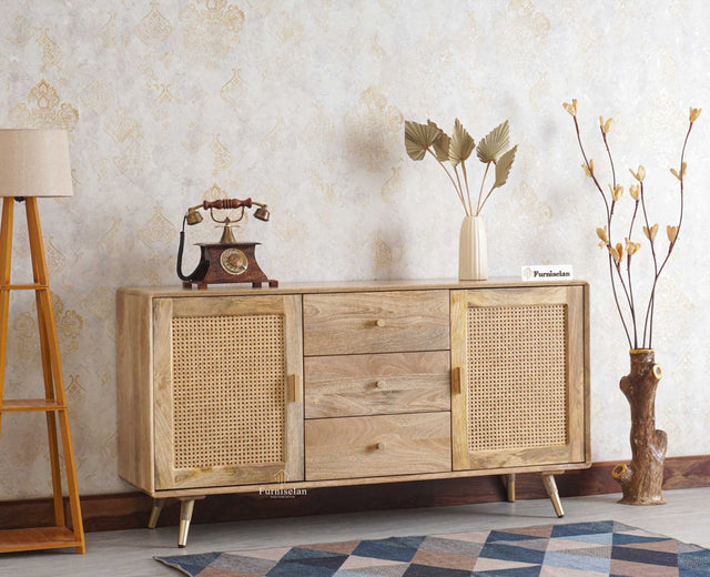 Boston Solid Wood Rattan Cane Two Door Sideboard with three Drawers - Sideboard - Furniselan Natural-Finish