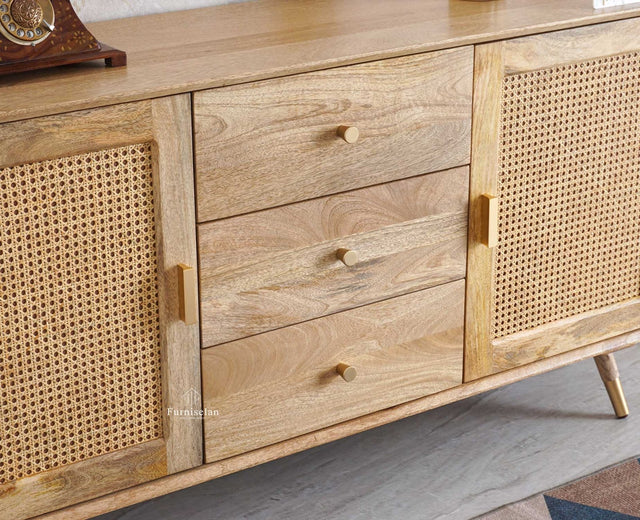 Boston Solid Wood Rattan Cane Two Door Sideboard with three Drawers - Sideboard - Furniselan Natural-Finish