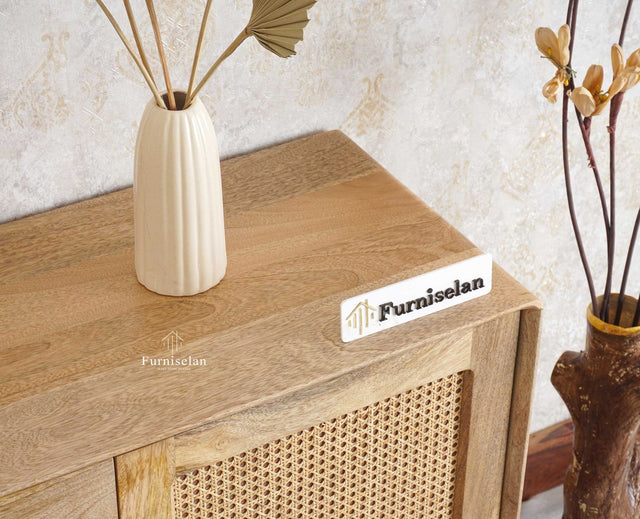 Boston Solid Wood Rattan Cane Two Door Sideboard with three Drawers - Sideboard - Furniselan Natural-Finish