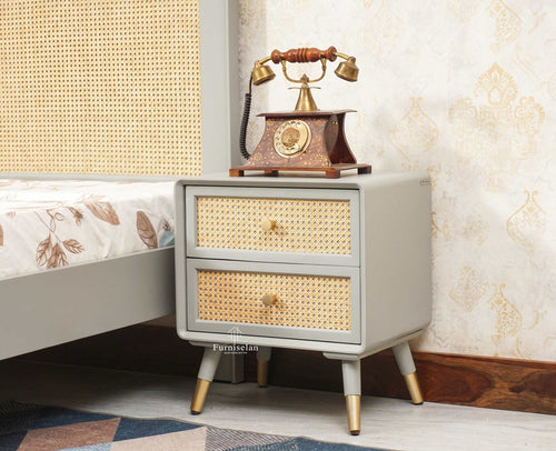 Boston Solid Wood Rattan Cane Two Drawer Bedside Table - Bedside Table - Furniselan Cool-Grey 
