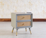 Boston Solid Wood Rattan Cane Two Drawer Bedside Table - Bedside Table - Furniselan Cool-Grey 