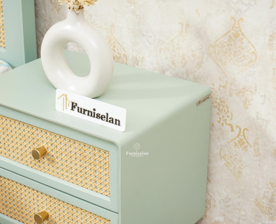 Boston Solid Wood Rattan Cane Two Drawer Bedside Table - Bedside Table - Furniselan Silt-Green