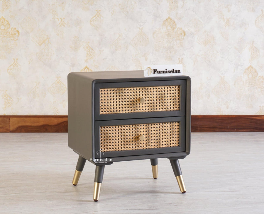Boston Solid Wood Rattan Cane Two Drawer Bedside Table - Bedside Table - Furniselan Slate-Grey