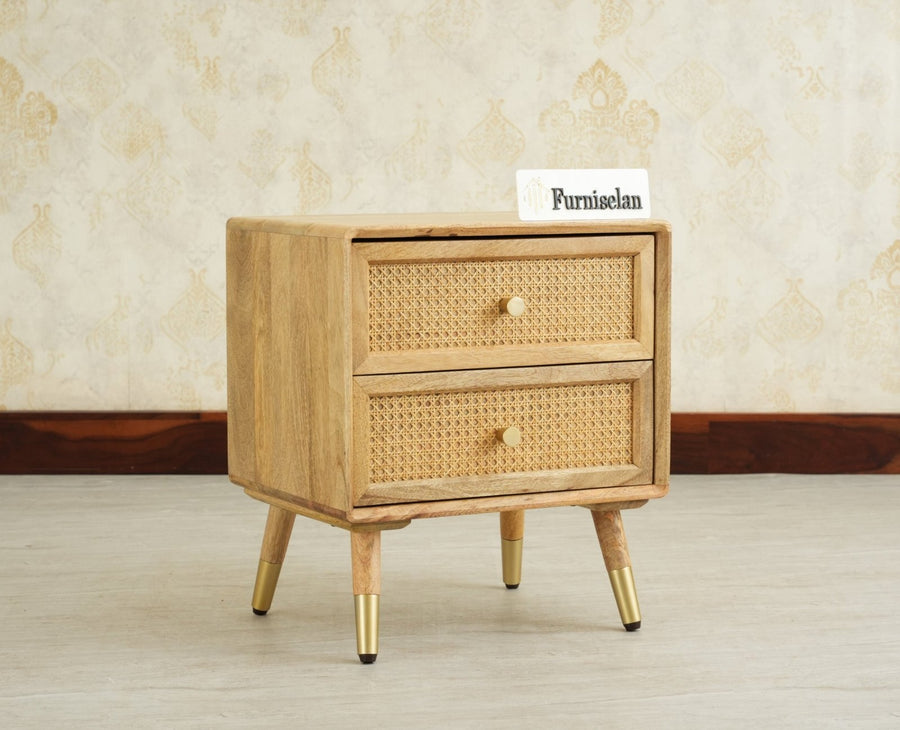 Boston Solid Wood Rattan Cane Two Drawer Bedside Table - Bedside Table - Furniselan Natural Finish