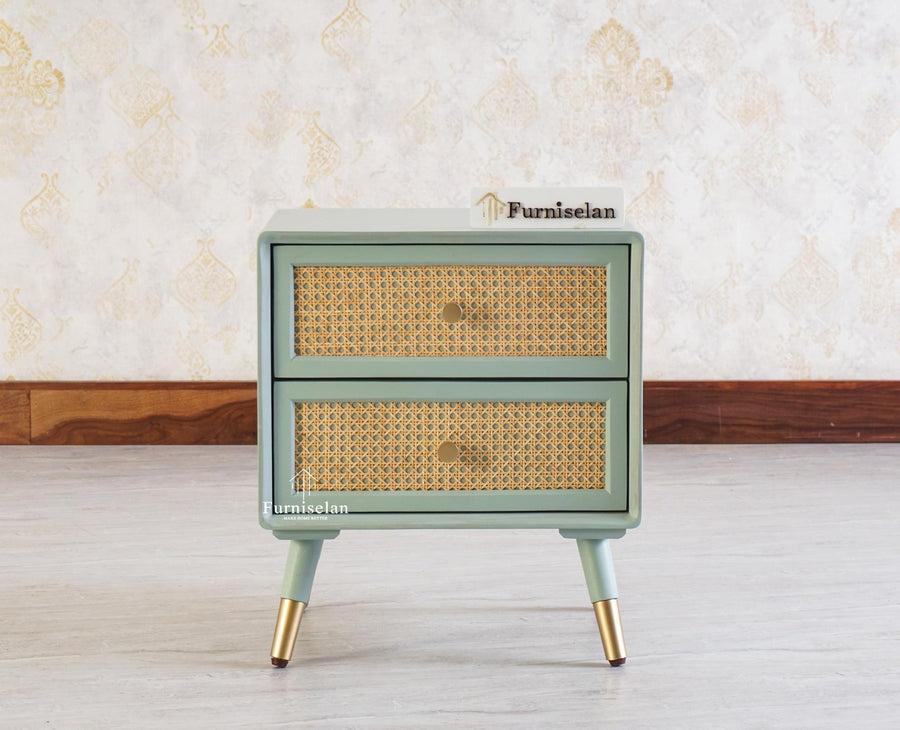 Boston Solid Wood Rattan Cane Two Drawer Bedside Table - Bedside Table - Furniselan Silt-Green
