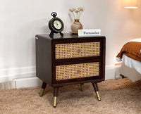 Boston Solid Wood Rattan Cane Two Drawer Bedside Table Furniselan Grey-Finish