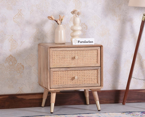 Boston Solid Wood Rattan Cane Two Drawer Bedside Table - Bedside Table - Furniselan Natural Finish