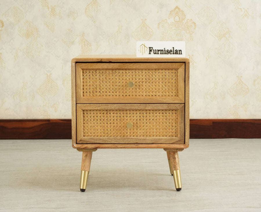 Boston Solid Wood Rattan Cane Two Drawer Bedside Table - Bedside Table - Furniselan Natural Finish