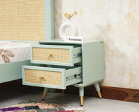 Boston Solid Wood Rattan Cane Two Drawer Bedside Table - Bedside Table - Furniselan Silt-Green