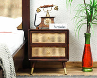 Boston Solid Wood Rattan Cane Two Drawer Bedside Table Furniselan Grey-Finish