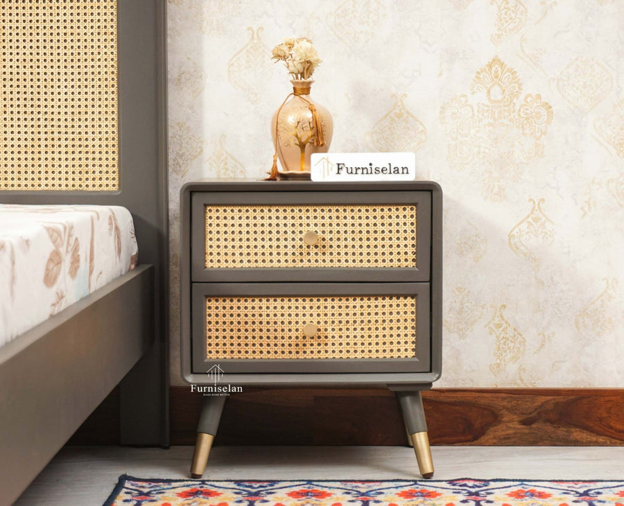 Boston Solid Wood Rattan Cane Two Drawer Bedside Table - Bedside Table - Furniselan Slate-Grey