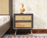 Boston Solid Wood Rattan Cane Two Drawer Bedside Table - Bedside Table - Furniselan Slate-Grey