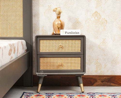 Boston Solid Wood Rattan Cane Two Drawer Bedside Table - Bedside Table - Furniselan Slate-Grey