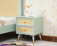 Boston Solid Wood Rattan Cane Two Drawer Bedside Table - Bedside Table - Furniselan Silt-Green