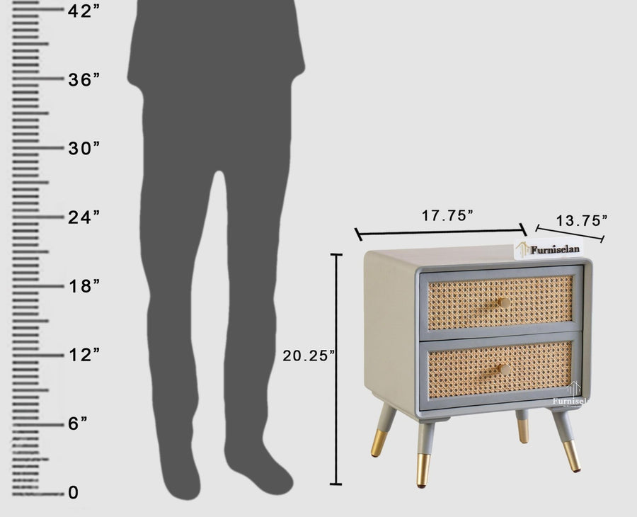 Boston Solid Wood Rattan Cane Two Drawer Bedside Table - Bedside Table - Furniselan Cool-Grey 