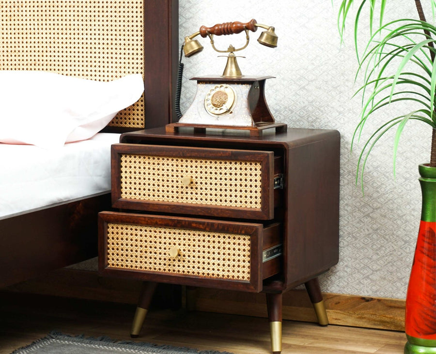 Boston Solid Wood Rattan Cane Two Drawer Bedside Table Furniselan Grey-Finish