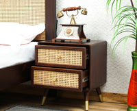 Boston Solid Wood Rattan Cane Two Drawer Bedside Table Furniselan Grey-Finish