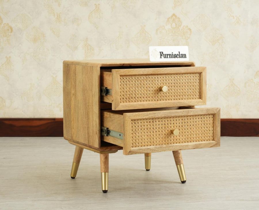 Boston Solid Wood Rattan Cane Two Drawer Bedside Table - Bedside Table - Furniselan Natural Finish