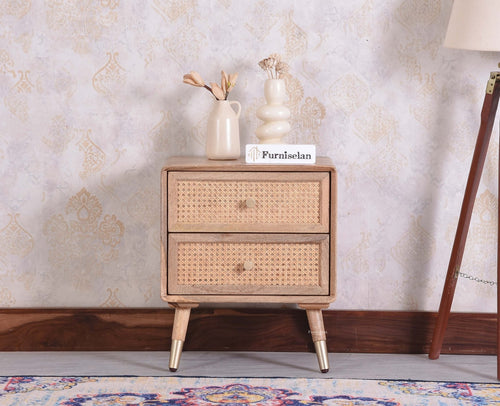 Boston Solid Wood Rattan Cane Two Drawer Bedside Table - Bedside Table - Furniselan Natural Finish