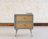 Boston Solid Wood Rattan Cane Two Drawer Bedside Table - Bedside Table - Furniselan Cool-Grey 