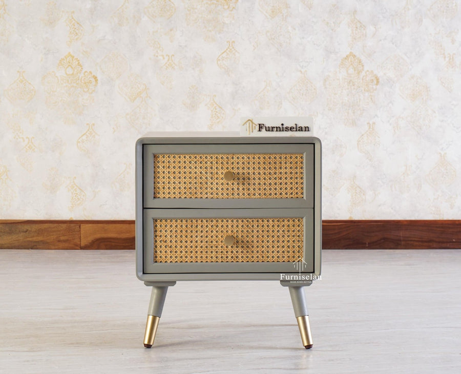 Boston Solid Wood Rattan Cane Two Drawer Bedside Table - Bedside Table - Furniselan Cool-Grey 