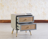 Boston Solid Wood Rattan Cane Two Drawer Bedside Table - Bedside Table - Furniselan Cool-Grey 