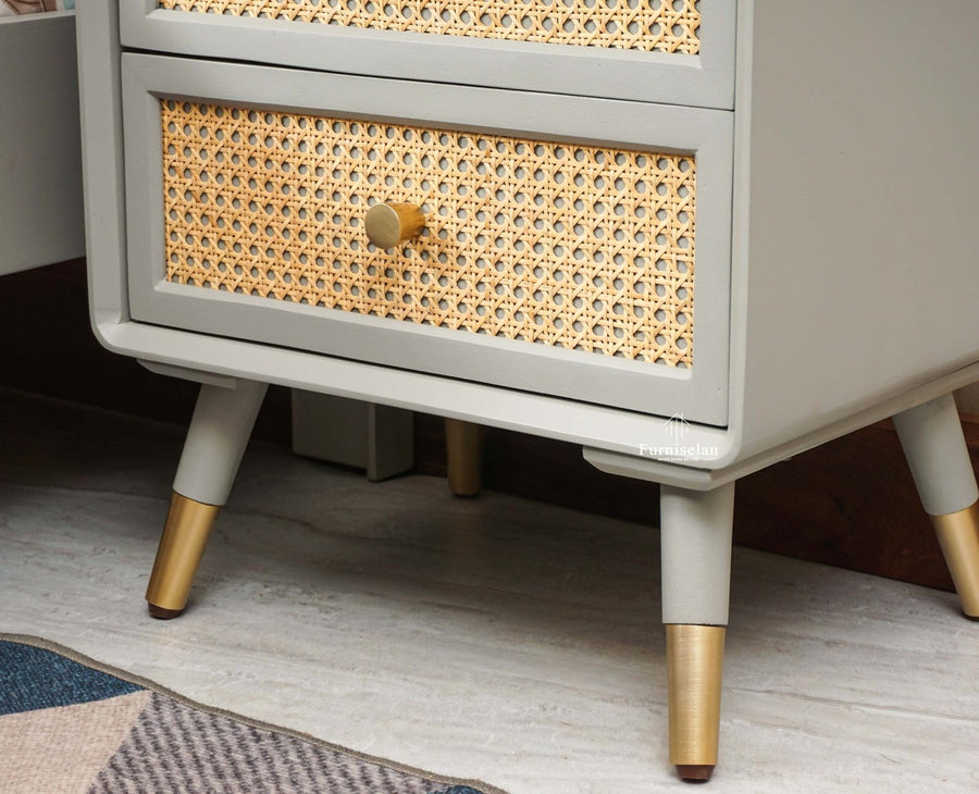 Boston Solid Wood Rattan Cane Two Drawer Bedside Table - Bedside Table - Furniselan Cool-Grey 