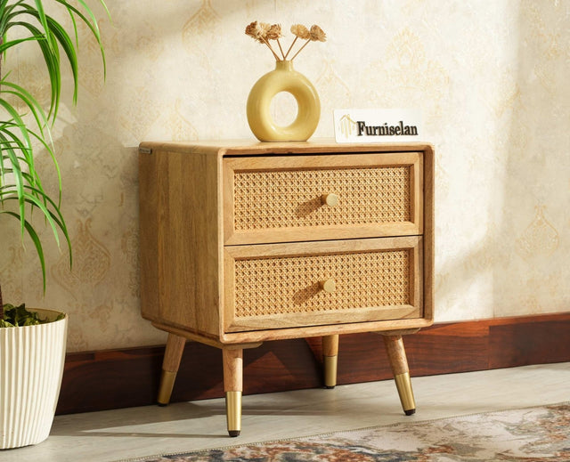 Boston Solid Wood Rattan Cane Two Drawer Bedside Table - Bedside Table - Furniselan Natural Finish