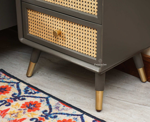 Boston Solid Wood Rattan Cane Two Drawer Bedside Table - Bedside Table - Furniselan Slate-Grey