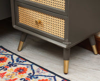 Boston Solid Wood Rattan Cane Two Drawer Bedside Table - Bedside Table - Furniselan Slate-Grey