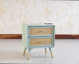 Boston Solid Wood Rattan Cane Two Drawer Bedside Table - Bedside Table - Furniselan Silt-Green