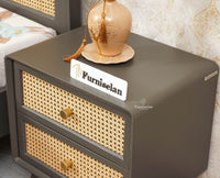 Boston Solid Wood Rattan Cane Two Drawer Bedside Table - Bedside Table - Furniselan Slate-Grey
