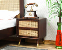 Boston Solid Wood Rattan Cane Two Drawer Bedside Table Furniselan Grey-Finish