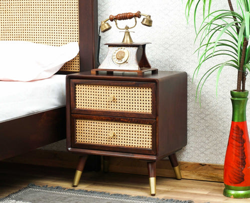 Boston Solid Wood Rattan Cane Two Drawer Bedside Table Furniselan Grey-Finish