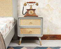 Boston Solid Wood Rattan Cane Two Drawer Bedside Table - Bedside Table - Furniselan Cool-Grey 