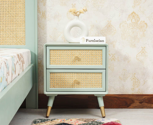 Boston Solid Wood Rattan Cane Two Drawer Bedside Table - Bedside Table - Furniselan Silt-Green 