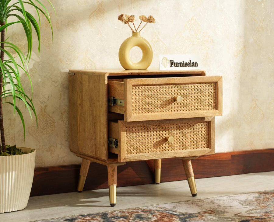 Boston Solid Wood Rattan Cane Two Drawer Bedside Table - Bedside Table - Furniselan Natural Finish