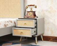 Boston Solid Wood Rattan Cane Two Drawer Bedside Table - Bedside Table - Furniselan Cool-Grey 