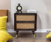 Boston Solid Wood Rattan Cane Two Drawer Bedside Table Furniselan Grey-Finish