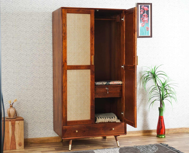 Boston Solid Wood Rattan Cane Wardrobe Furniselan Brown Finish