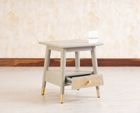 Boston solid wood rattan side table with one drawer - Bedside Table - Furniselan Cool-Grey