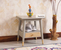 Boston solid wood rattan side table with one drawer - Bedside Table - Furniselan Cool-Grey