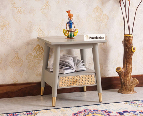 Boston solid wood rattan side table with one drawer - Bedside Table - Furniselan Cool-Grey